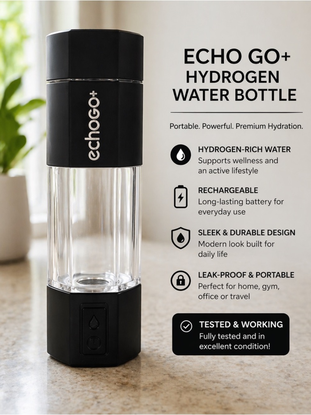 EchoGo+ Hydrogen Water Bottle - Black/Clear